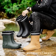 🚓Rain Boots Men's Mid-Calf Rain Shoes Waterproof Mouth Drawstring Rubber Shoes Kitchen Take-out Rider Shoe Cover Fleece-