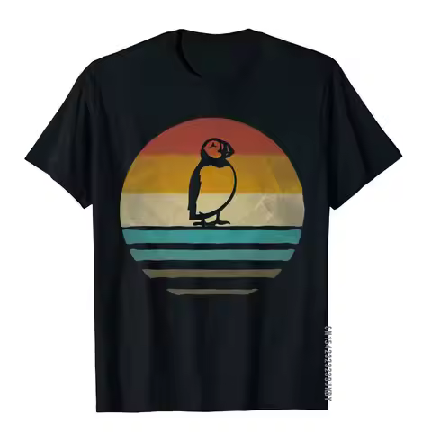 Retro Vintage Sunset Puffin Bird Seabird Cute Funny Gift T-Shirt Top T-Shirts Camisa Fitted Men's To
