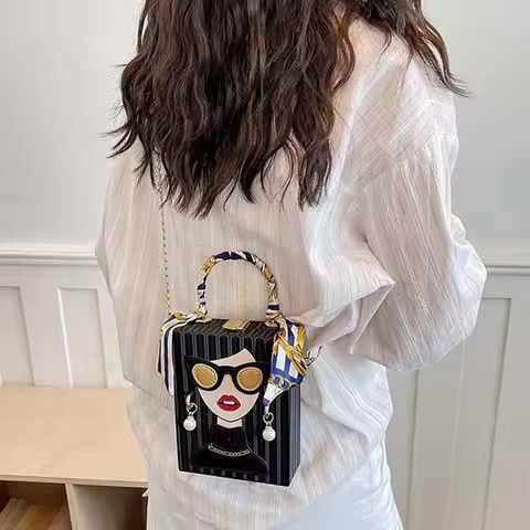 Ribbed Textured Surface 3D Lady Face Satchel Faux Pearl Earrings Decor Premium PU Leather Scarf Wrap