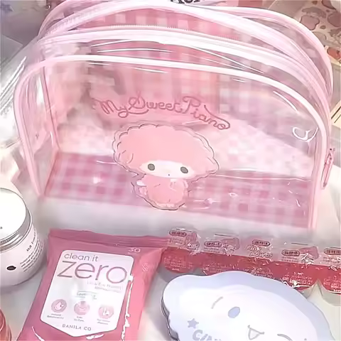 Kawaii Sanrio Toilet Bag Cute Cartoon Melody PVC Waterproof Storage Bag Piano Transparent Makeup Bag
