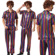 70s Disco Outfits for Men Metallic Sequin Shirt Pant Halloween Costume