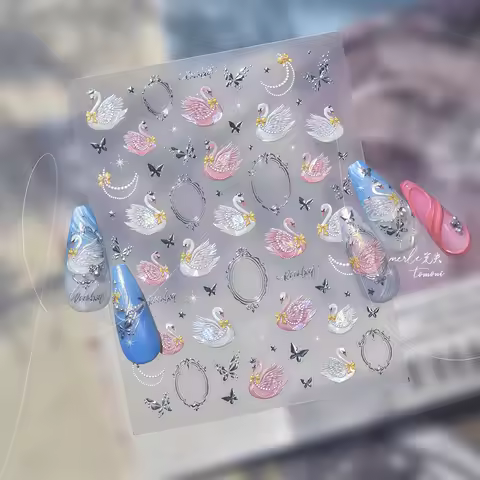 1PCS 5D Swan Nail Sticker Lace Cartoon Cute Animal Nail Decals Nail Art Accessories Sliders For Nail