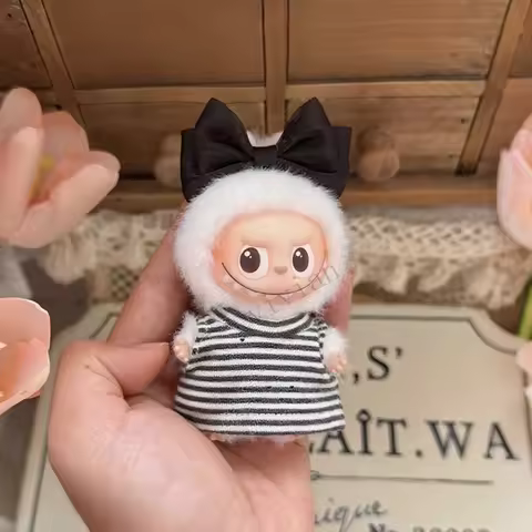 For Mini Labubu 4.0 The Monsters Pin for Love Series Striped T-shirt Bow headband candy shoes For La