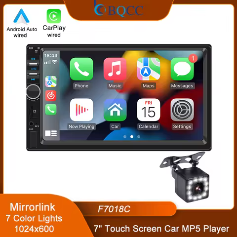 BQCC 7" 2Din/1 Din MP5 Car Player Mirrorlink wired Android AUTO/CarPlay BT AUX Colorful lights FM Ca
