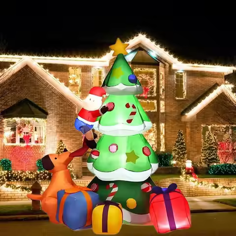 Christmas Tree Inflatable Model 7FT Dog Santa Claus LED Light Xmas Inflatable Decoration Gift Outdoo