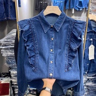 เสื้อเชิ้ตแขนยาวตัวเล็กเสื้อเชิ้ตยีนส์ผู้หญิงสไตล์พระราชวังสำหรับเสื้อซับในฤดูใบไม้ผลิและฤดูใบไม้ร่ว