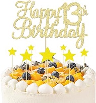 Pack of 8 Golden Cake Decorations 13th Birthday, 1 Happy 13th Birthday Cake Topper and 7 Star Cake T