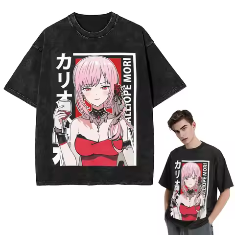 Streetwear T-Shirts Calliope Mori Red Dress Hololive En Washed T Shirt Short Sleeve Hip Hop T-Shirt 