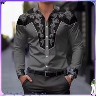 Men's Western Cowboy Shirt Long Sleeve Floral Button Vintage Top Loose Ethnic Shirt Cowboy Shirt T o
