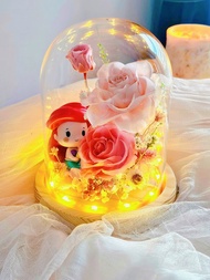 【 日本永生花】美人魚玻璃罩夜燈 客製加入公仔 生日 送禮 聖誕
