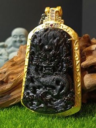 S925鍍金厚莊墨翠立體龍雕無事牌吊墜