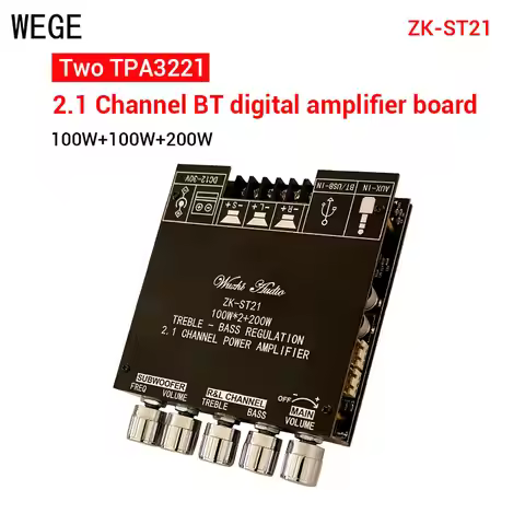 WEGE ZK-ST21 BT Digital Amplifier Board 2.1 Channel 100Wx2+200W Speaker Subwoofer TPA3221 AMP Wuzhi 