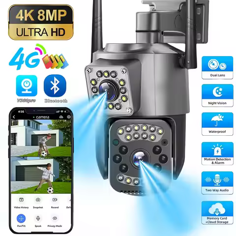 Dual Lens 4G IP Camera 8MP 4K Monitor Smart Home IP66 Outdoor Waterproof Night Vision Camera Digital