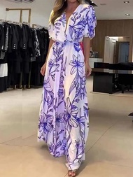 เดรสยาวคอวีพิมพ์ลายดอกไม้สำหรับผู้หญิงชุดเดรสแขนสั้นผูกเชือกเอว Gamis Pesta แฟชั่นวันหยุดสำหรับผู้หญ