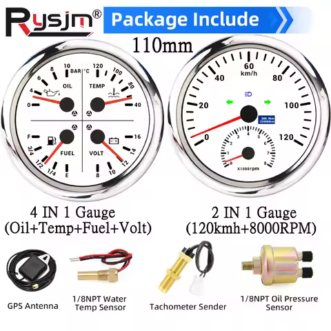 2 Gauge Set 110mm GPS Speedometer 0-200km/h w/Tacho & 4in 1 Fuel Oil Pressure Temp Volt With 1/8NPT 