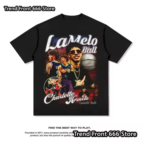New arrives Summer Mens LaMelo Three ball Bauer Print Cotton T shirts Trend Vintage Tees Men's Short