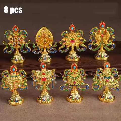 8 Pcs Painted Tibetan Engraved Eight Treasures Auspicious Statue Tantric Alloy Handicraft Buddhism H