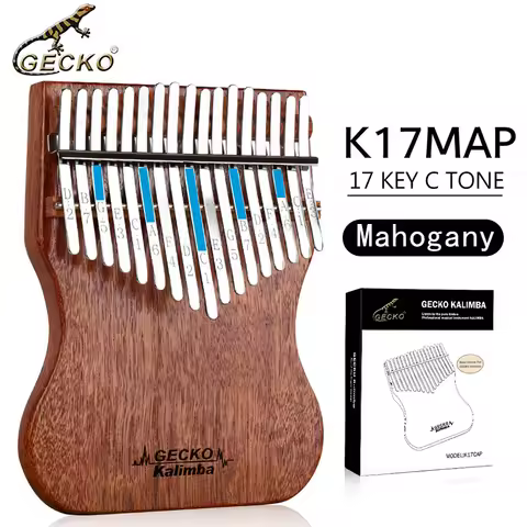 GECKO Kalimba 17 Keys Full veneer solid Mahogany Body,with Instruction and Tune Hammer, Portable Thu