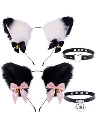 2入組毛茸茸貓耳鈴鐺髮箍和頸箍套裝,適用於派對、舞臺表演、性感配件、cosplay、化妝、舞會、狐狸耳髮箍