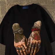 100_ No Ball American Tattoo Two Hand Printed Short Sleeve T-Shirt Ins Summer Men's And Women's Tren