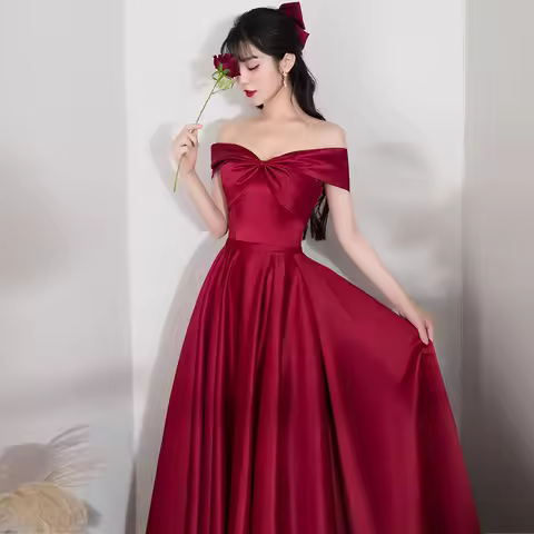 Red Satin One-oulder Wedding Dr Women's Evening Gown Faionable High-Waist Ele Wine Color Par Dr for 