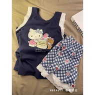 少女Hello Kitty蕾丝花边背心睡衣女夏季新款格子短裤家居服套装Girl Hello Kitty Lace