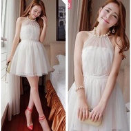 TOP☊ Gown For Women Formal Dress For Woman Plus Size White Dress For Civil Wedding Wedding Dress For Ninang Formal Dress Women's Pearl Halter Backless Princess Puff Mesh Tuxedo Dress