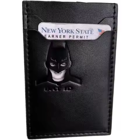 Vertical Leather Bat ID Wallet for Teens Slim Card Holder With Superhero Face Eyes Mask Iconic Heroi