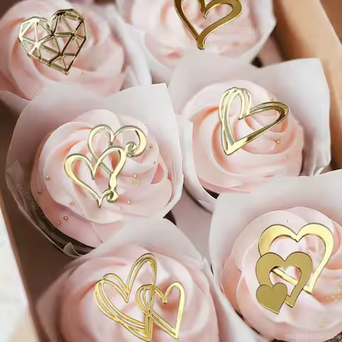 9Pcs Love Heart Cupcake Toppers Acrylic Cake Topper Minimalist Gold Cake Decorations for Valentine's