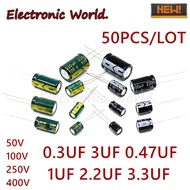 50pcs/Piece In-Line Aluminum Electrolytic Capacitor 50V/100V/250V/400V/0.33 0.47UF 1UF 2.2UF 3.3UF
