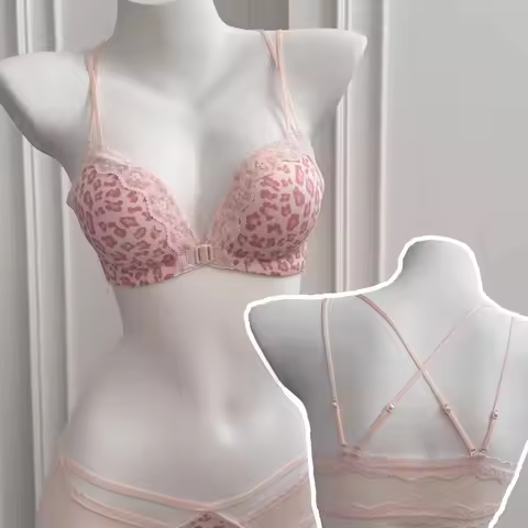 MOYISU Pink Leopard Front Closure Bra Set Victoria Style Wireless Bra Push Up Enhance Bust 매력적인 Back