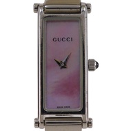 二手 Gucci 1500L 不鏽鋼石英錶，附模擬顯示和粉紅色錶盤，適合女士。
