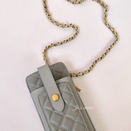 Le polka真皮低飽和🩶灰綠色菱格紋小香風多功能卡夾零錢手機包 斜背包