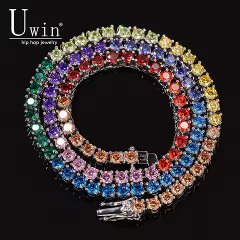 Uwin 4mm Multicolor Tennis Chain Ice Rhinestone Color Hip Hop Necklace Fashion Men And Women Jewelry