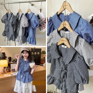 Babydoll Bow Tie Shirt, Checkered Lotus Collar Shirt with Bow - Girl Fashion