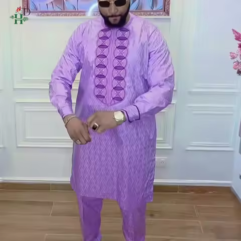 New African Clothing For Man Traditional Agbada Sets 2PCS Purple Bazin Riche Shirt Pant Embroidery W
