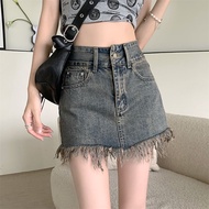Women's Denim Skirt Gyaru Skirts for Woman Clothes Fringe Short Jeans Mini Streetwear Offer Free Shi