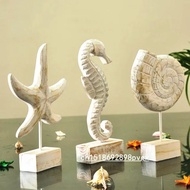 【Olivor】 Noolim Mediterranean Style Wood Crafts Starfish Conch Hippocampus Wood Carving Marine Home 