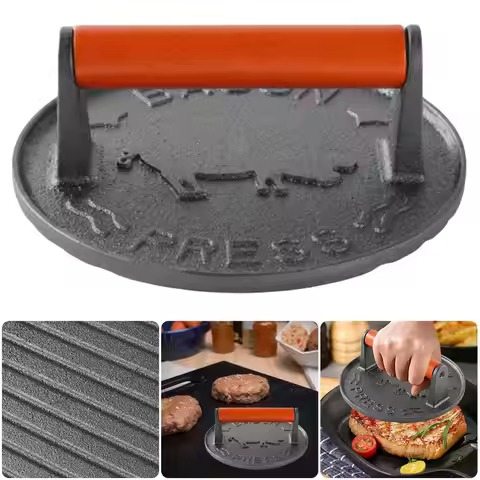 Cast Iron Burger Press Heavy-Duty Patty Maker Wooden Handle Round Burger Smasher 7.09 in Anti Scald 