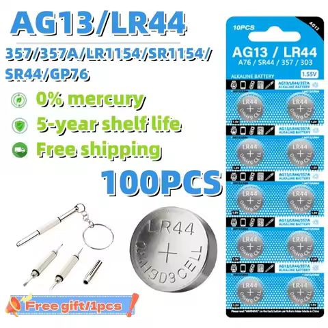 100PCS 1.55V AG13 LR44 Button Batteries L1154 RW82 SR1154 SP76 A76 LR1154 GP7 SR44 Cell Coin For Wat