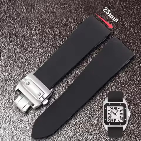 For Cartier Santos 100 W2020007 Waterproof Rubber Watch strap 25mm black soft Silicone Stainless ste
