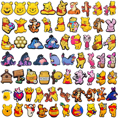 15-66Pcs Winnie Pooh Shoe Charms Set Cartoon Shoes Decoration Accessories DIY Classic Clog Sandal Bu