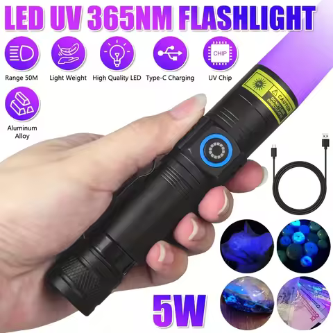 5W 365nm UV Black Light Torch Rechargeable High-Intensity 365nm UV Flashlight Ultraviolet Detector f