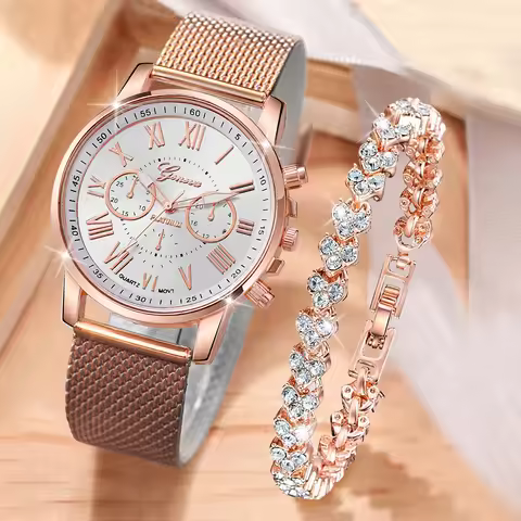 2PCS/Set Geneva Women Watches Rhinestone Bracelet Set Fashion Plastic Band Ladies Quartz Wrist Watch