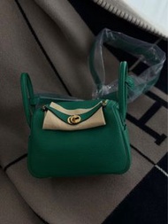Hermes Mini Lindy 絲絨綠 TC皮 金扣 Stamp W