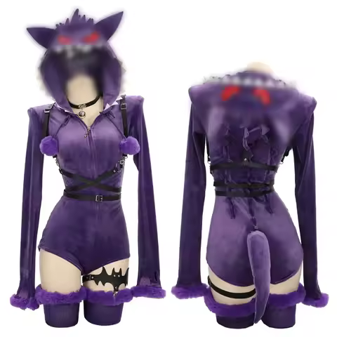 Meowcos Women Genga Cosplay Costume Halloween Purple Ghost Romper Bodysuit Plush Hooded and Socks wi