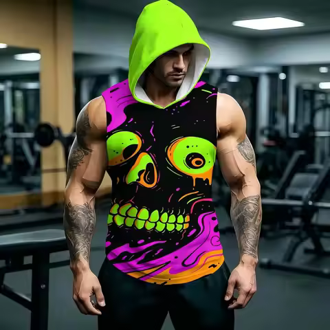 Neon Punk Party Sleeveless Hoodie Men Psychedelic Drip Skull Print Light Thin Breathable Gothic Stre