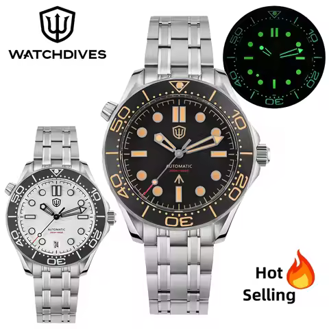 Watchdives WD007ST Mechanical Watch NH35 Automatic Movement Steel NTTD Mens Watch Domed Sapphire 200