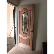 Solid Wooden Door with Glass/Pintu Kayu Cermin Depan Rumah Full Solid /Tempered Glass Oval