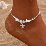 1pc Beach Vacation Style Random Shaped Stone Beaded Starfish Pendant Anklet For Women (White Transpa
